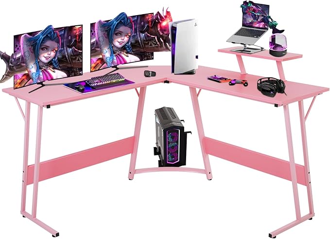 51 inch L Shaped Gaming Desk Computer Desk for Bedroom Brown L shaped Desk for GamingHome Office Desks with Detachable Monitor Stand Corner Desk for Small PlaceLargeCarbon FiberPink desk