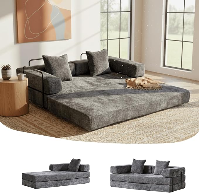 4-in-1 Folding Convertible Sofa Bed 77 Floor Couch with Pillow - Chenille Fabric &amp High-Density Sponge &amp Fixed-Shape Frame Modular Sofa for Living Room/Lounge/Studio Dark Grey
