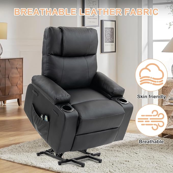 Power Lift Recliner Sofa Chair Electric Stand Assit for Elderly People Leather Reclining Chair with Cup Holders Massage &amp Heat Functions Living Room or Bedroom Furniture for Resting Black