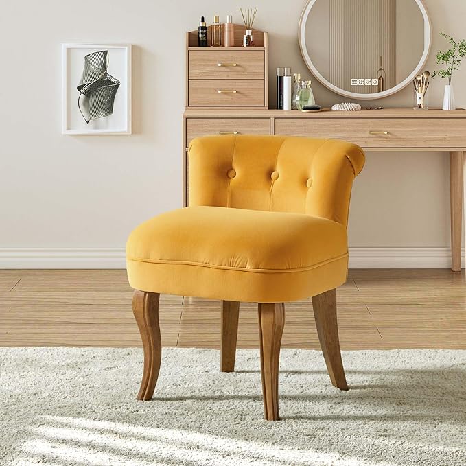 HULALA HOME Velvet Vanity Chairs with Low Back Modern Vanity Stool with Solid Wood Legs Small Upholstered Makeup Chair for Bedroom Living Room Dressing Women Girls Set of 2 Mustard