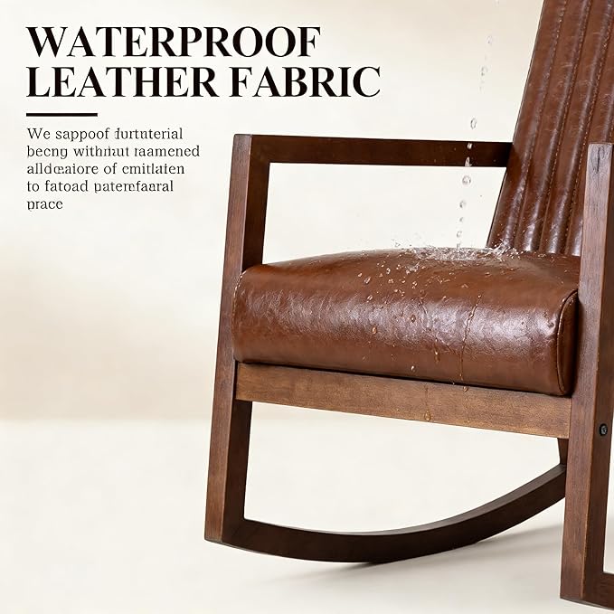 VESCASA Upholstered Rocking Chairs with Channel-Tufted Back Mid-Century Modern Comfy Oil Wax PU Leather Rockers with Black Walnut Wood Frame for Nursery Living Bedroom Indoor Set of 2 Brown