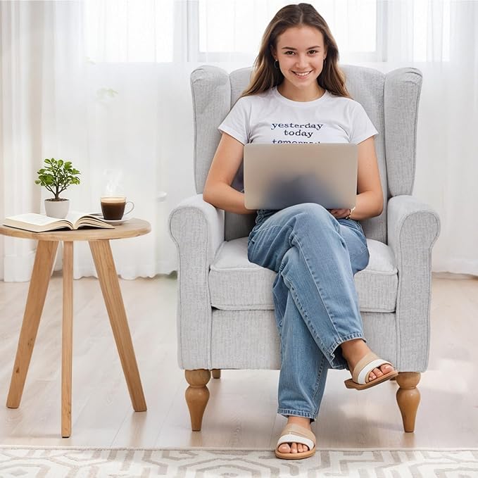 Rovibek High Wingback Chairs with Table - Midcentury Modern Accent Chair for Living Room Upholstered Armchair with Solid Legs Light Grey Living Room Chairs for Living Room Bedroom Balcony