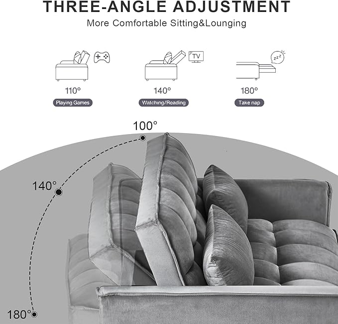 Dark Gray Velvet Pull Out loveseat Sleeper Sofa Bed Convertible Twin Sleeper Chair 3 in 1 Adjustable Backrest with Pillows Pockets Armrests Hidden Stroge for Living Room