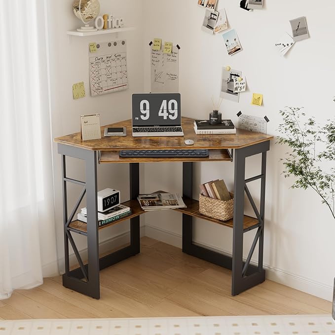 VECELO Corner Computer Desk 41 x 30 inches with Smooth Keyboard &amp Storage Shelves for Home Office Workstation Antique Brown