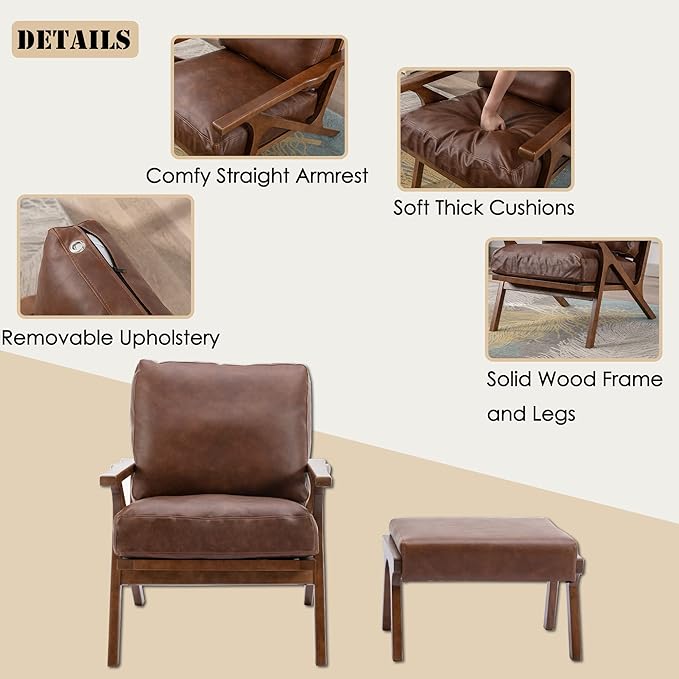 chairus Mid-Century Modern Brown Faux Leather Accent Chair with Ottoman Comfy Upholstered Lounge Armchair with Removable Cushion &amp Solid Wood Frame Retro Reading Chair for Living Room Bedroom Of