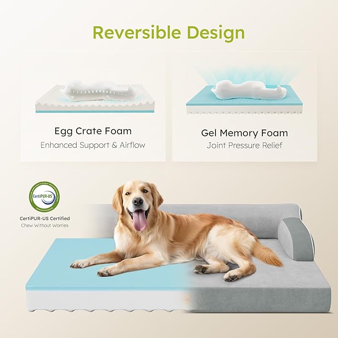 XL Orthopedic Dog Bed Extra Large Dog Bed Dual-Sided Pet Cooling Beds with Memory Foam Washable Cover Nonslip Bottom Waterproof XLarge Pet Couch Beds with Bolsters Light Grey