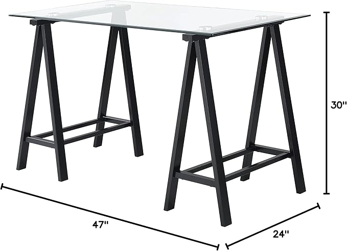 OSP Home Furnishings Middleton 47 Inch Desk with Clear Beveled Glass Top Black Base