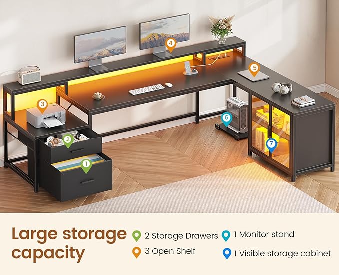SEDETA L Shaped Gaming Desk 78.7” Large Computer Desk with Drawers and Power Outlet &amp LED Light Corner Gaming Desk with Storage Shelves Display Cabinet for Home Office Black
