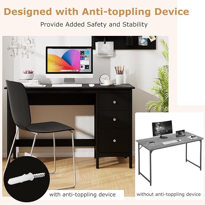 Tangkula Black Desk with Drawers Modern Home Office Computer Desk with Storage Drawers &amp Spacious Desktop Compact Writing Study Desk Laptop Desk for Bedroom Multipurpose Computer Workstation