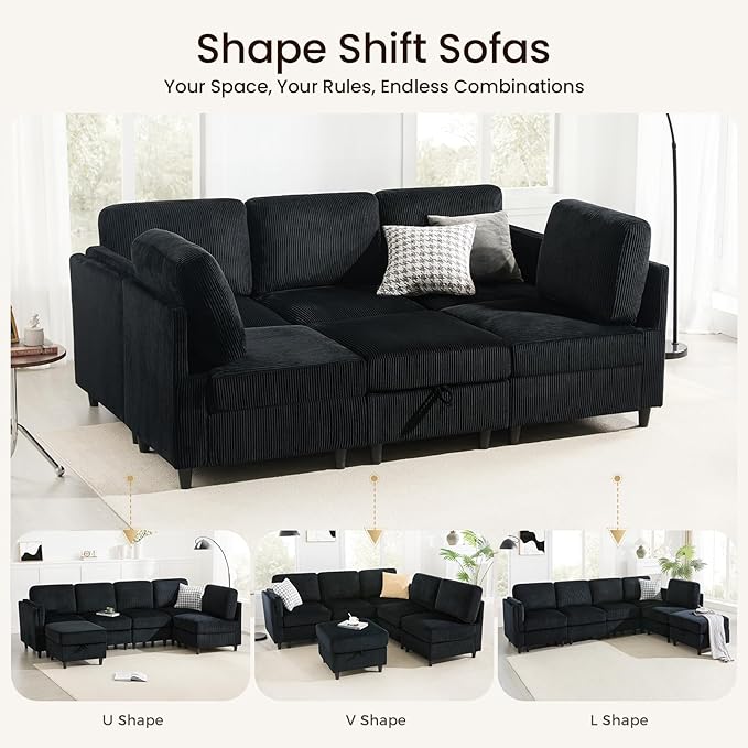 KKL Modular Sectional Sofa Bed - Sofa Couch with Storage Ottoman Convertible L/U-Shaped Sleeper Couch for Living Room Modern Reversible Design Black