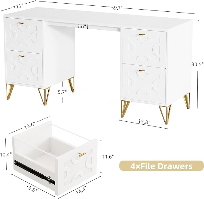 Tribesigns White and Gold Computer Desk 59'' Modern Writing Table with File Drawers Luxury Home Office Executive Desk with Gold Metal Legs for Work or Vanity Use