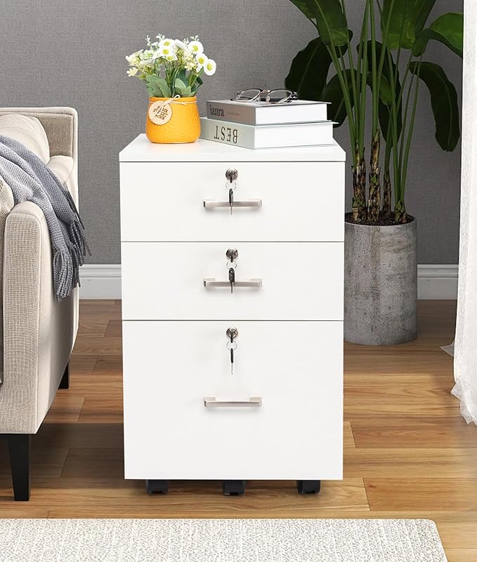 3-Drawer Wooden Filing Cabinet with Lock Printer Stand Office Mobile Storage Cabinet for Home and Small Office Use (White)
