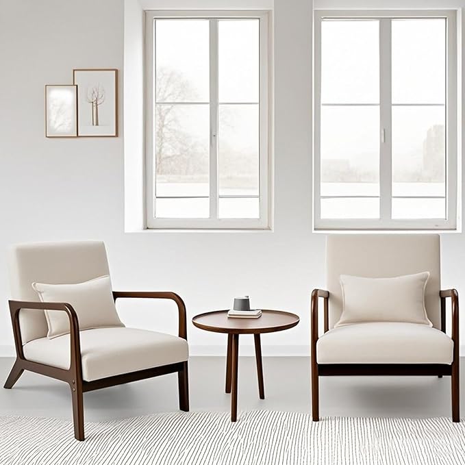 POWERSTONE Mid-Century Accent Chair Set of 2 - Upholstered Lounge Armchair with Pillow Solid Wood Legs Linen Fabric Modern Reading Leisure Chair for Living Room Bedroom Guest Room Beige