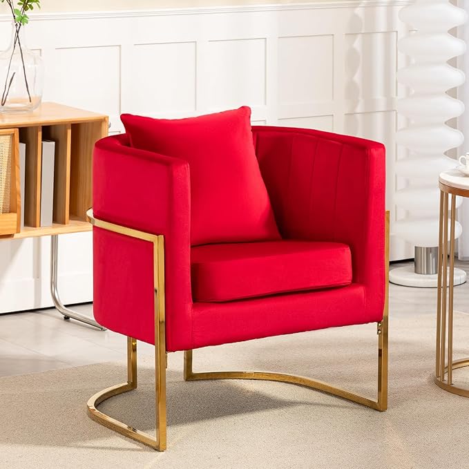 Velvet Modern Accent Chair Upholstered Barrel Armchair Mid Century with Pillow for Living Room Comfy Single Vanity Chair with Metal Gold Legs for Bedroom Rose Red