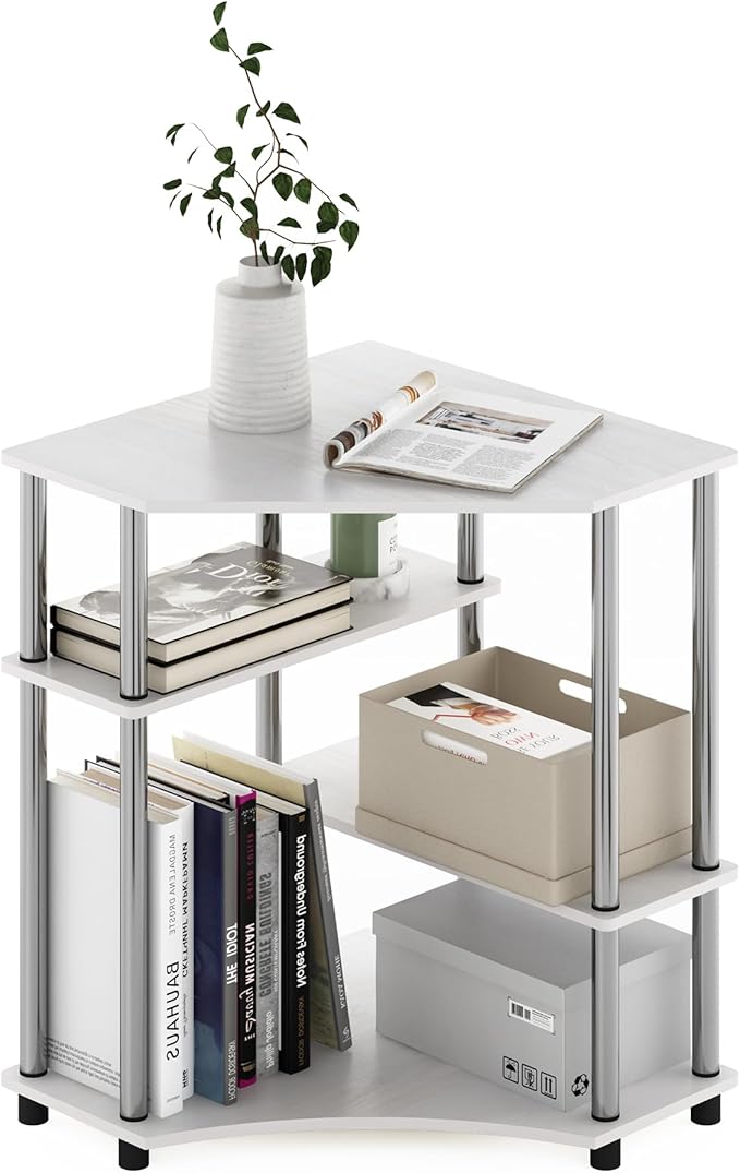 Furinno TURN-N-TUBE Desk Corner Gaming Desk with Storage Shelves Corner Computer Desk Office Desk for Home Office Bedroom White Oak/Stainless Steel Tubes
