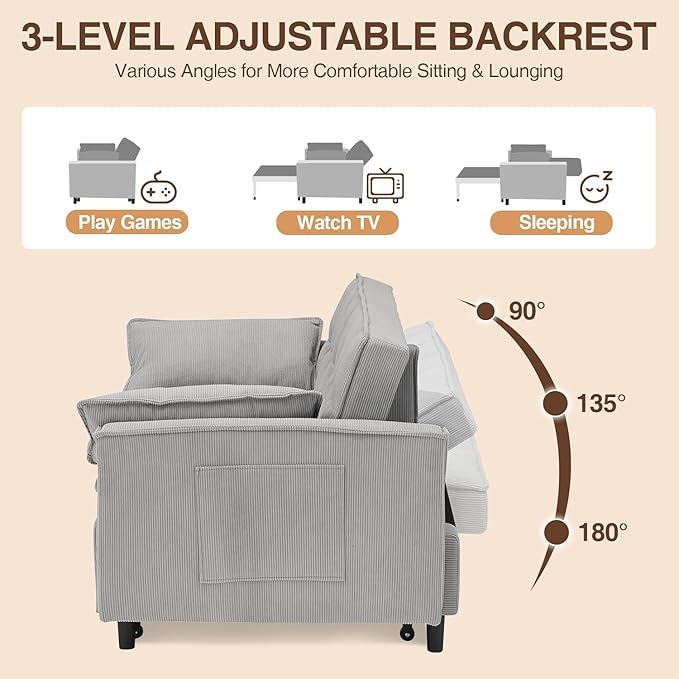 3 In 1 Corduroy Convertible Sofa BedPull Out Couch Bed with Reclining Backrest And 2 Pillows 54 Full Size Loveseat Sleeper Sofa Futon Couch Bed Couches For Small Spaces Living Room (Grey)