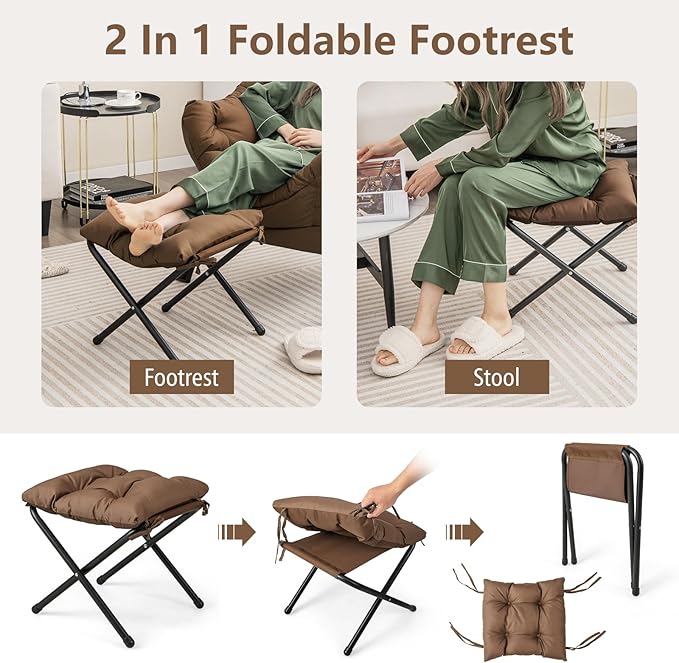 GORELAX Lazy Chair with Ottoman Modern Accent Chair w/Armrests &amp Side Pocket Upholstered Lounge Sofa Chair &amp Folding Footstool Set Reading Chair for Bedroom Living Room Dorm Room (Brown)