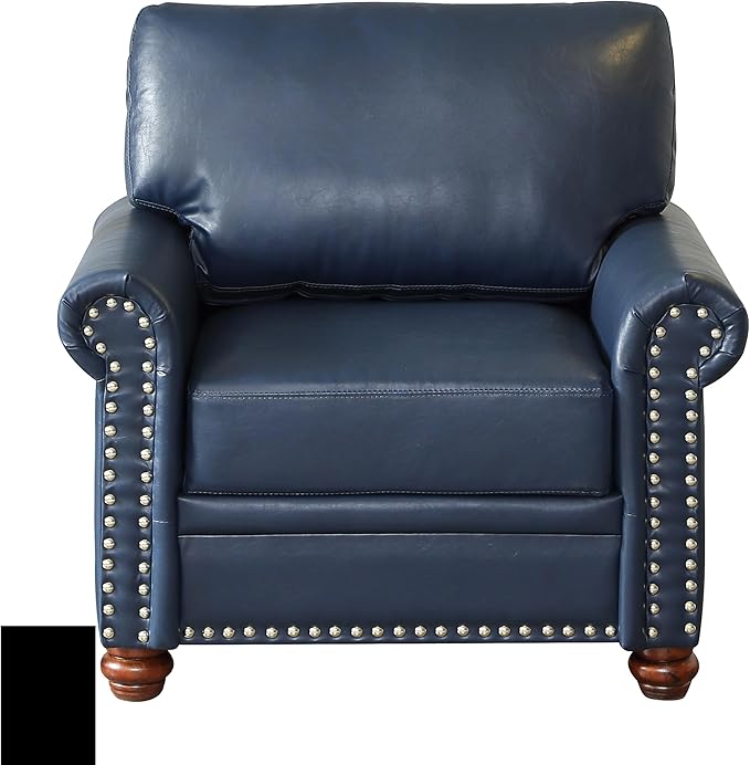 35 Faux Leather Pu Armchair Classic Vegan Leather Accent Chair Elegance Single Seat with Rolled Armrests Nailhead Trim Wood Legs Traditional Living Room 1 Seat-Navy Blue