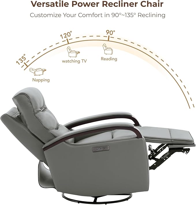 CHITA Genuine Leather Power Swivel Glider Rocker Recliner FSC Certified Mid Century Modern Recliner Chair for Adults Adjustable Power Headrest for Nursery and Living Room Haze