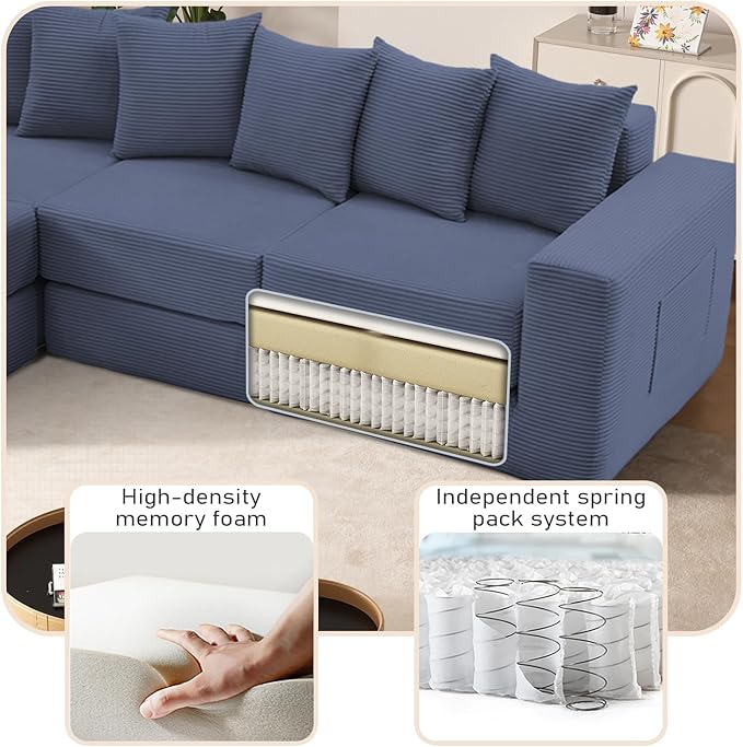 102 Upgraded L-shaped Modular Sectional Couches for Living Room Convertible Oversized Sleeper Sofa Bed-Luxury 1.5 Queen Bed. 11-in-1 Multifunctional Corduroy Boneless Folding Futon Couch Blue.
