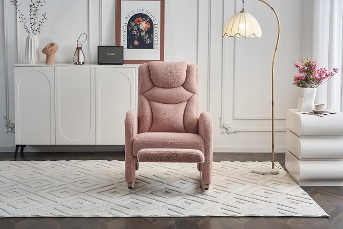 Rocking Chair with Foot Rest Nursery Glider Teddy Gliding Rocking Chair with Retractable Footrest Rubber Wood Legs Side Pocket High Back &amp Wide Seat Nursing Chair for Living Room (Pink)
