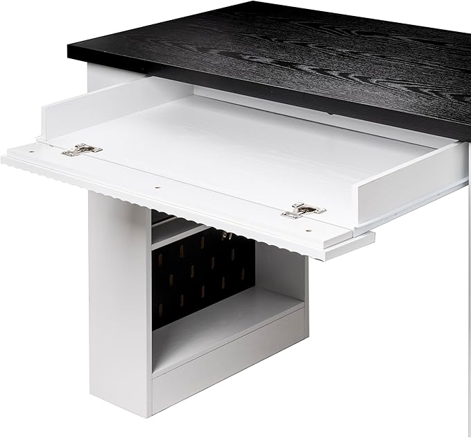 55“ Modern Fluted Executive Desk with Storage Wood Home Office Computer Desk with Drawers Charing Station Keyboard Tray Corner Workstation Writing Desk with Pegboard for Study Bedroom(White)
