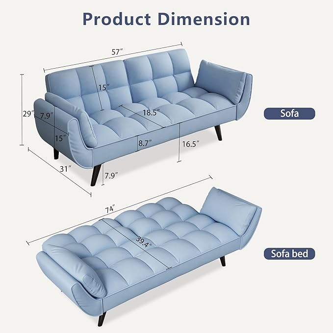 Olela Futon Sofa Bed Convertible Sleeper Couch 74 W Modern Velvet Loveseat with Adjustable Backrests and Solid Wood Legs for Living Room Bedroom Small Space (Light Teal)