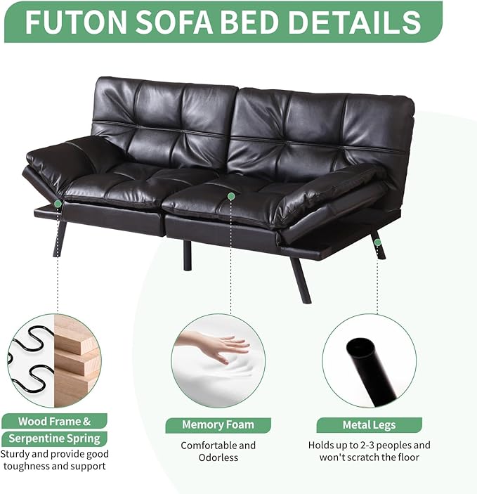 MUUEGM 71 Futon Sofa Bed Convertible Couch Filled with Memory Foam Modern Loveseat with Adjustable Backrest&ampArmrest Sofas for Living RoomGame RoomDormitoryOffice.Black Leather
