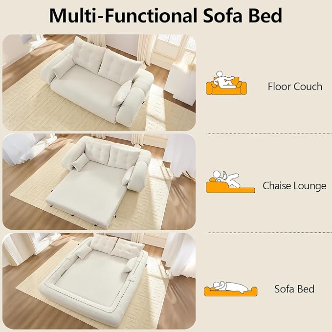 78.7'' Folding Sleeper Sofa 3 in 1 Folding Sofa Bed Teddy Couch Upholstered Deep Seat Bean Bag Lounge Recliner Oversized Human Dog Bed for Living Room Playroom Bedroom(Beige)