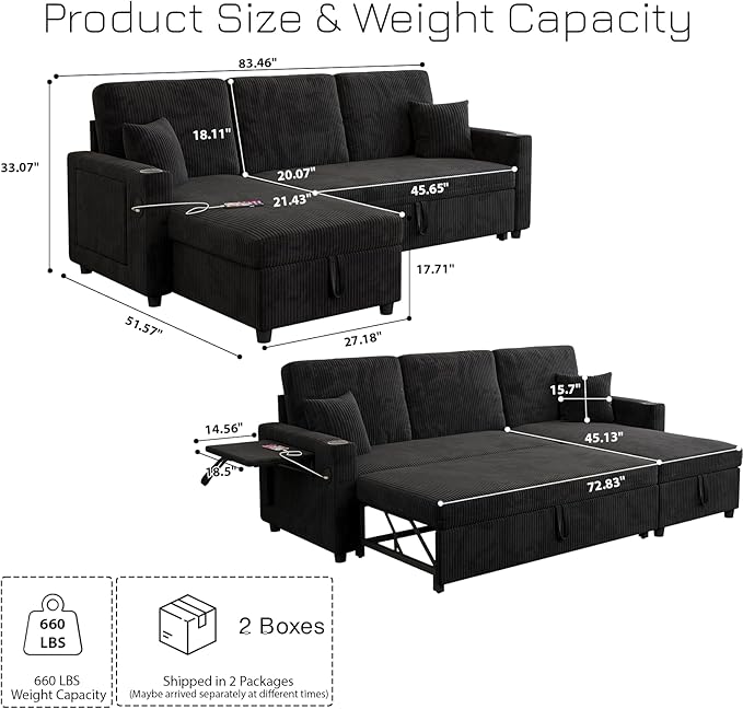Rovibek 83 Convertible Sofa Bed Couch with Storage &amp USB Port – 4 in 1 L Shaped Sofa with Pull Out Couch Bed Side Table Cup Holder for Living Room Apartment Office Small Spaces Black