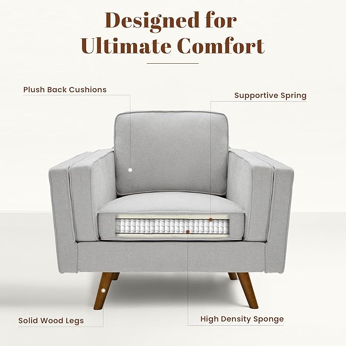 Kingfun Modern Accent Chair Set of 2 Living Room Chairs Chenille Reading Armchair Mid Century with Dual-Layer Armrests Solid Wood Frame Easy Assembly for Small Spaces Light Gray