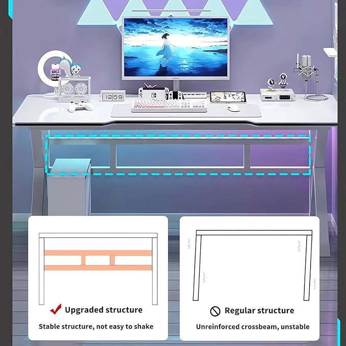 Large Gaming Desk K-Shaped PC Gaming Table for Home Office Ergonomic Computer Desk Space-Saving Easy Assembly (White 32 Inch)