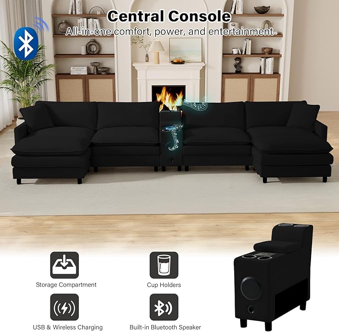 OUYESSIR 163U Shaped Cloud Couch SectionalsLarge Comfy Black Sectional Couches for Living RoomOversized Fluffy Modular Sectional SofasChenille Big 6 Seat Sofa Set USB Port Central Console Ottoman