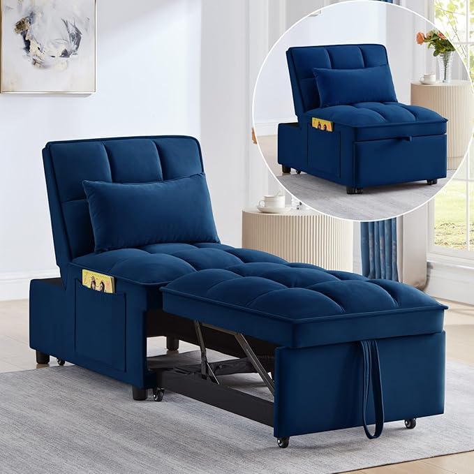 KEIKI Velvet Single Convertible Sleeper Chair Sofa Bed with Adjustable Backrest Pillows &amp Storage Pockets 3 in 1 Pull-Out Couch Chaise Lounge Recliner for Living Room Balcony Bedroom Navy