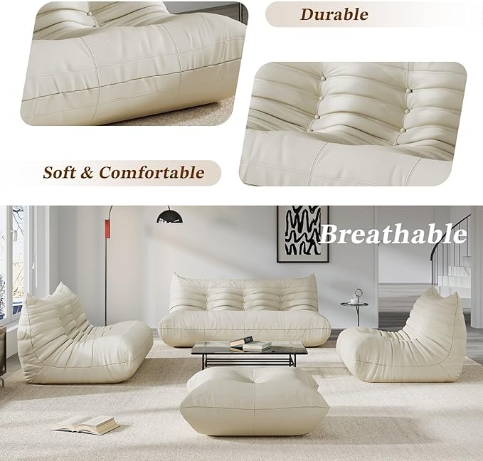 Comfy Lazy Floor Sofa CouchSoft Armless ChairFaux Leather Lounge ChairCorner Relax Sofa Couch for Living Room BedroomSalon OfficeAdults(Cream White)