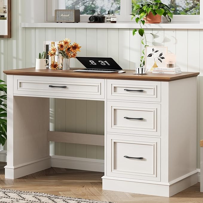 Farmhouse 47 Executive Desk with File Drawer Computer Desk with 4 Drawers Workstation for Study Home Office Writing Unique White.