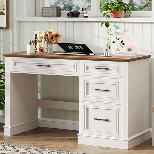 Farmhouse 47 Executive Desk with File Drawer Computer Desk with 4 Drawers Workstation for Study Home Office Writing Unique White.