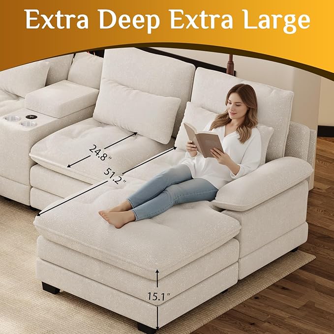 134 Oversized Beige Sectional Couches for Living Room with Glitter Fabric Fluffy Couch with Chaise Lounge&ampTufted Buttons U Shaped Sofa Set Chenille 6 Seater Couch with 2 Ottoman &amp Storage