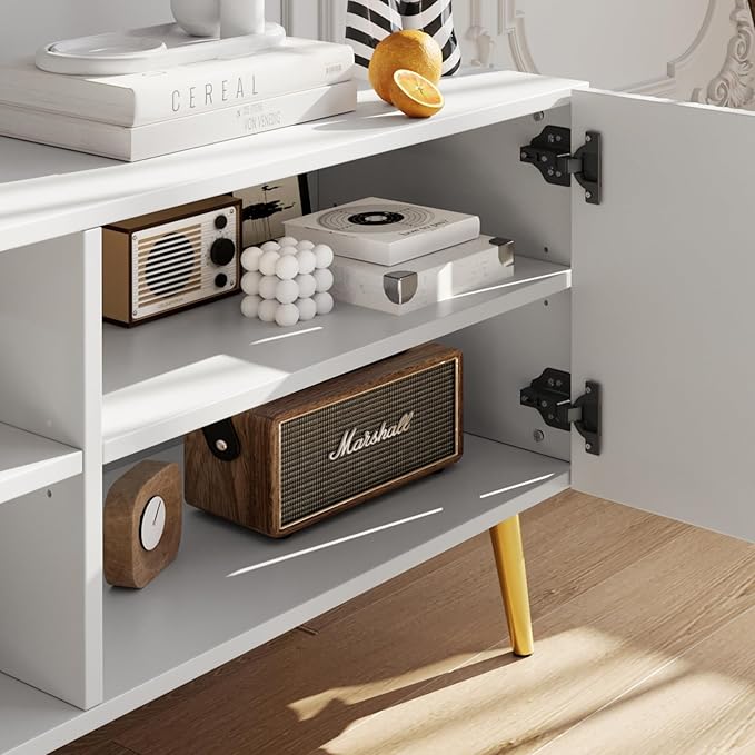 Modern 86in TV Stand for Living Room Fluted Design Entertainment Center with Adjustable ShelvesMedia TV Console Table with Storage for BedroomWhite