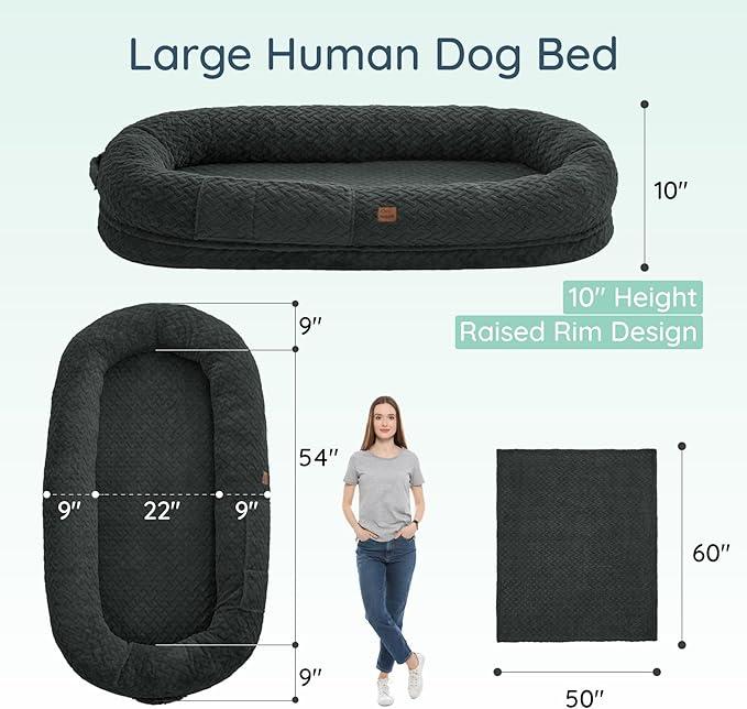 Human Dog Bed for Adult - Luxury Faux Fur Giant Size Dog Bed with Portable Handle Egg Orthopedic Foam with Blanket 72x40x10 Dark Grey