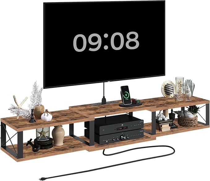 68.5 Floating TV Stand with Power Outlet Wall-Mounted Entertainment Center for 75+ inch TV Floating Media Console Shelf for Under TV Storage Living Room Bedroom Rustic Brown TVHR103E01