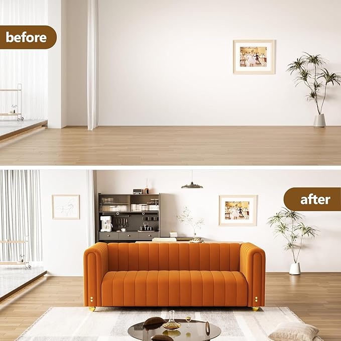 81.3'' Orange Velvet Modern Mid Century Deep Seat Sofa Oversized 3-Seater Loveseat Comfy Couch for Living Room and Apartment Furniture