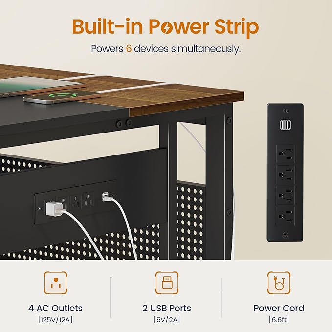 71 in Executive Desk with Power Outlets Reversible L Shaped Computer Desk with File Drawers &amp Storage Shelves Large Office Desk with Pegboard Mobile CPU Stand Modern Corner Desk (Walnut)
