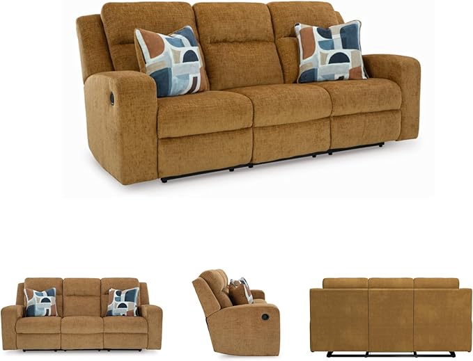 Signature Design by Ashley Kanlow Contemporary Manual Reclining Sofa with 2 Accent Pillows Light Brown