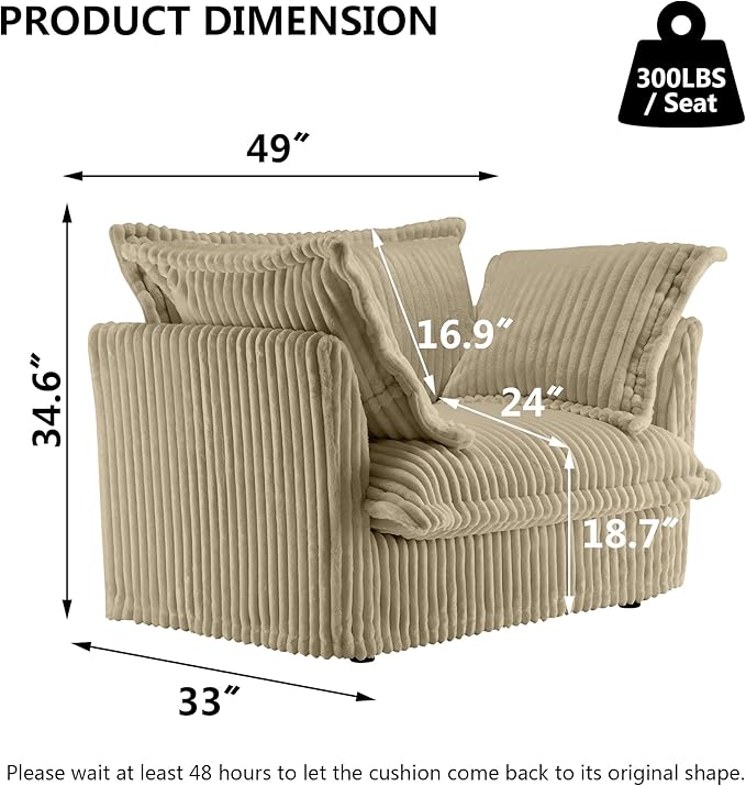 Aoowow Oversized Modular Sectional Sofa Chair 49” Corduroy Fabric Single Armchair Comfy Deep Seat Couch Sofa with Big Toss Pillows for Living Room Apartment Office(Camel-Corduroy)