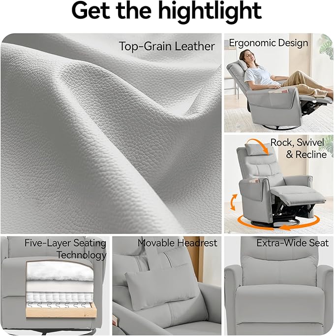 AIRSKY Leather Recliner Chair Top Grain Leather Italian Water-Washing Process Movable HeadrestRecliner Chairs for Adults Nursery Rocking ChairsSwivel Rocker Recliner Living Room ChairGreyR3