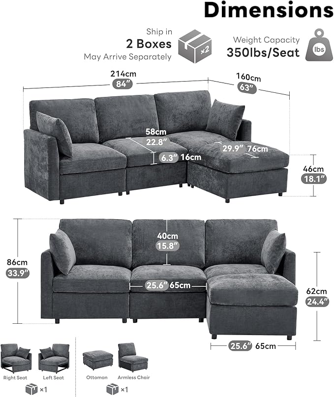 Sectional Couch for Living Room Comfy L Shaped Convertible Sofa 4 Seater Modern Chenille Sofa with Ottoman Grey
