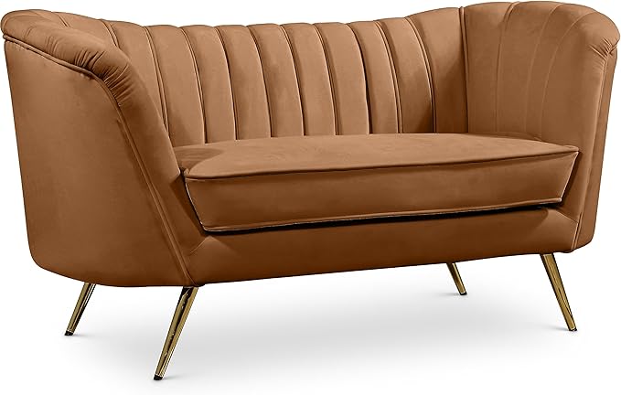 Meridian Furniture 622Saddle-L Margo Collection Modern Contemporary Velvet Upholstered Loveseat with Stainless Steel Base in a Rich Gold Finish Saddle 65 W x 30 D x 33 H