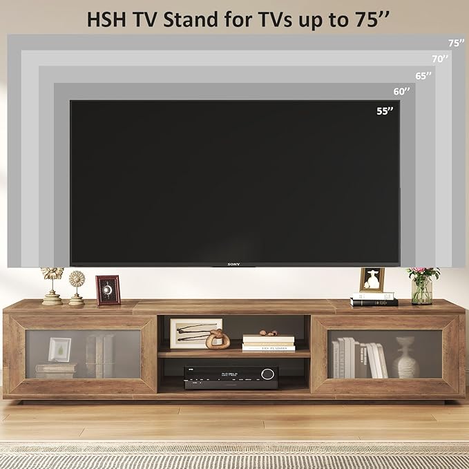 HSH 70 inch TV Stand for 75 TVEntertainment Center for Living Room Under TV Storage CabinetLow Modern TV Media Console Wood with Sliding Doors for BedroomRustic Oak