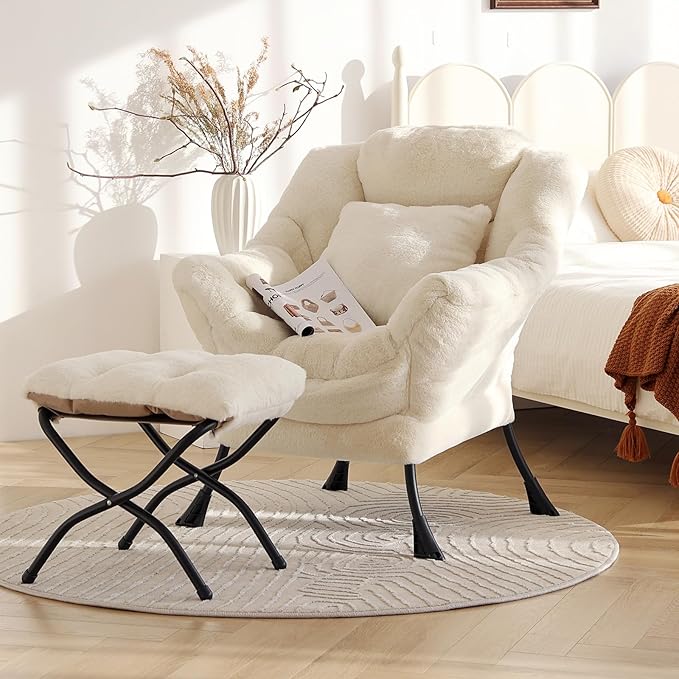 Lazy Chair with Ottoman Large Lvory Accent Chair with Ottoman and FA Throw Pillow Comfy Plush Reading Chair for Living Room Bedroom Dorm Room Office Apartment Relaxing Use
